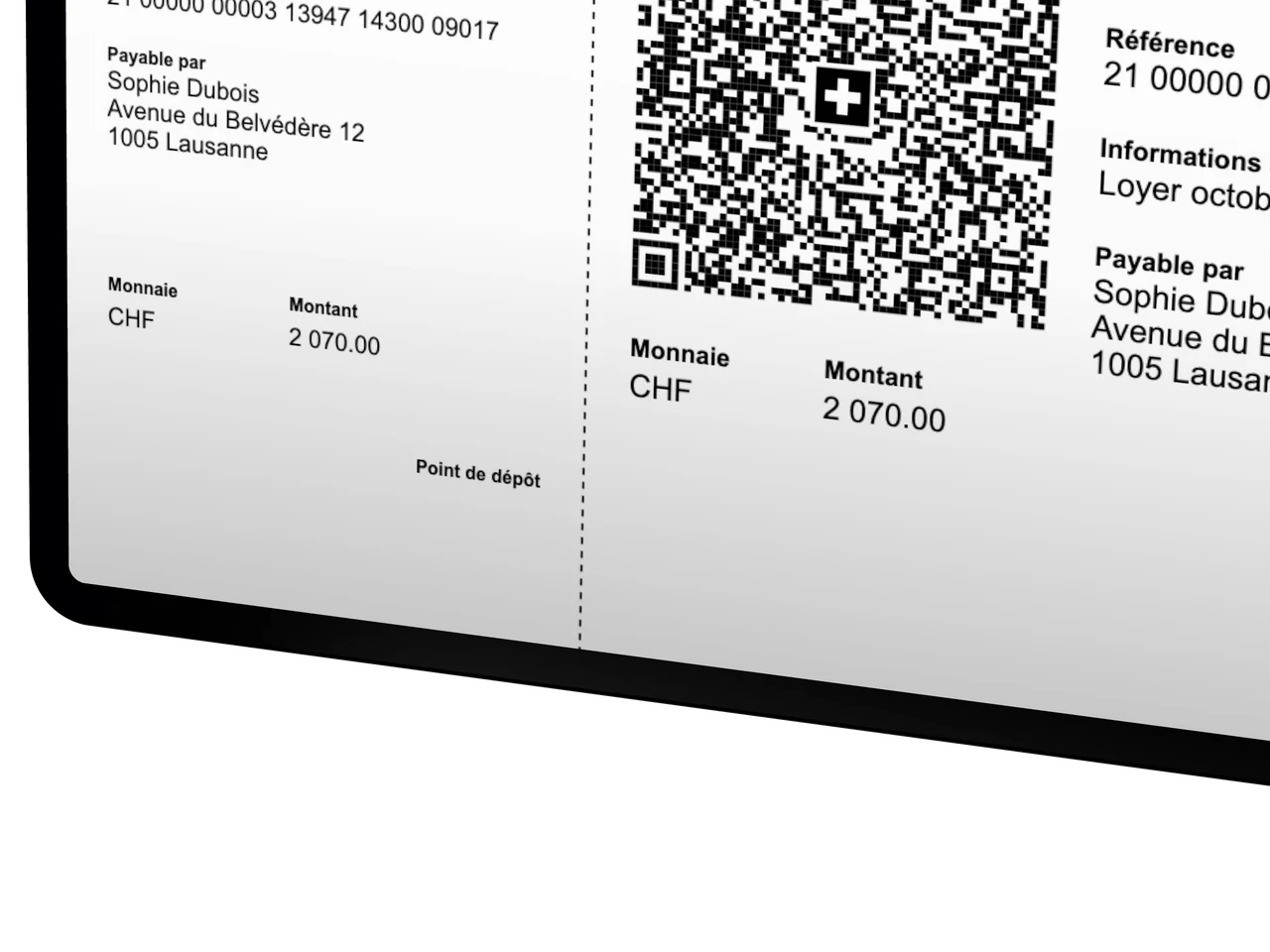 Une QR-facture de loyer préparée par Arca
